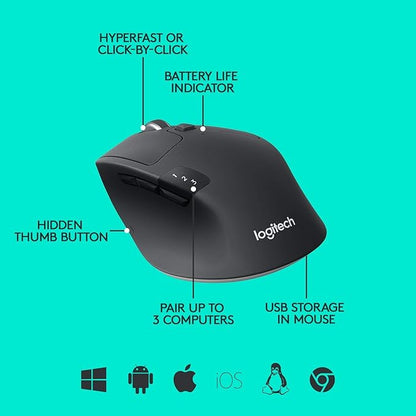 Logitech M720 Precision Pro Wireless & Bluetooth Mouse, 1000 DPI Optical Mouse, Hyper-Fast Scrolling Dual-Connectivity for Multi-Devices 910-005592 (Renewed)