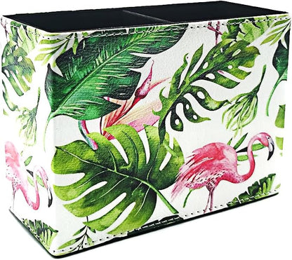 Pen Holder, Rectangle Vintage Pencil Holder with 2 Compartments, PU Leather Art Remote Control Holder Organizer Storage for Desk Accessory (Flamingo)