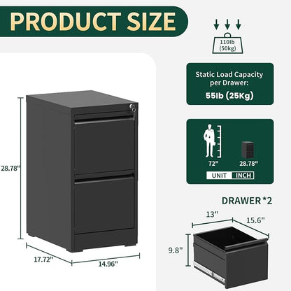 2 Drawer File Cabinet with Lock, Vertical File Cabinet with Lock, Locking File Cabinet Hanging Files for A4/ Legal/Letter, Require Assembly, White