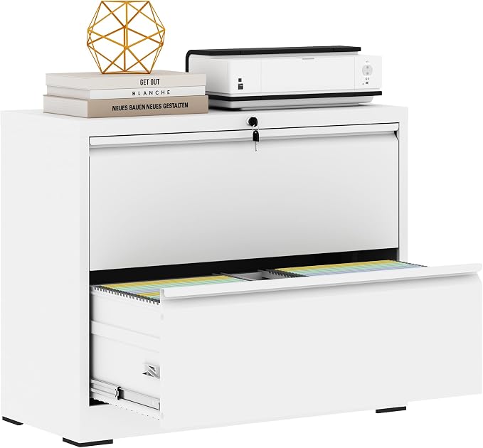 2 Drawer File Cabinet,Metal Lateral Filing Cabinet with Lock,Home Office Storage Organizer Cabinet for Legal/Letter/A4/F4 Size Files,35.5" W,White