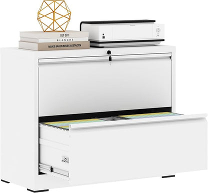 2 Drawer File Cabinet,Metal Lateral Filing Cabinet with Lock,Home Office Storage Organizer Cabinet for Legal/Letter/A4/F4 Size Files,35.5" W,White