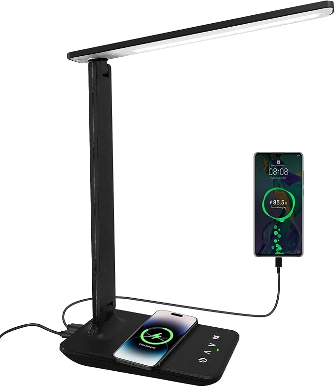 White crown LED Desk Lamp with 15W Wireless Charger & USB Port, Dimmable Table Lamp with 5 Lighting Modes, Sensitive Touch Control, Foldable & Portable Desk Light for Home, Office, Bedroom, Reading