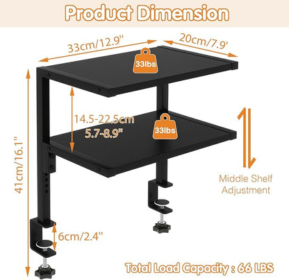 IBUYKE Clamp on Desk Organizer Shelf,12.9 inches Desk Extender Shelves, Above or Below Desk 2-Tier Adjustable Storage Shelves for Desktop Accessories,Black,TMZ007B