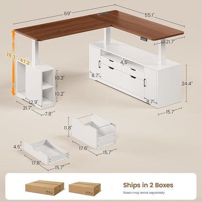 SEDETA Modern L Shaped Electric Standing Desk, 69" x 55" Height Adjustable Office Executive Desk with 4 Drawers and Storage Shelves, Sit Stand Computer Desk with Power Outlet, White + Brown