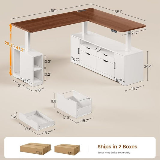 SEDETA Modern L Shaped Electric Standing Desk, 69" x 55" Height Adjustable Office Executive Desk with 4 Drawers and Storage Shelves, Sit Stand Computer Desk with Power Outlet, White + Brown