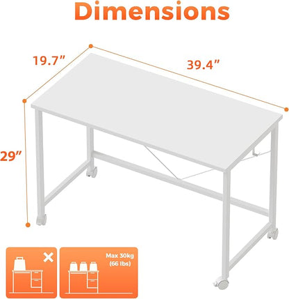 Mericonia 40 inch Rolling Computer Desk with Wheels, Gaming Desk for Small Spaces, Modern Simple Style Table for Home Office, Study Writing Table