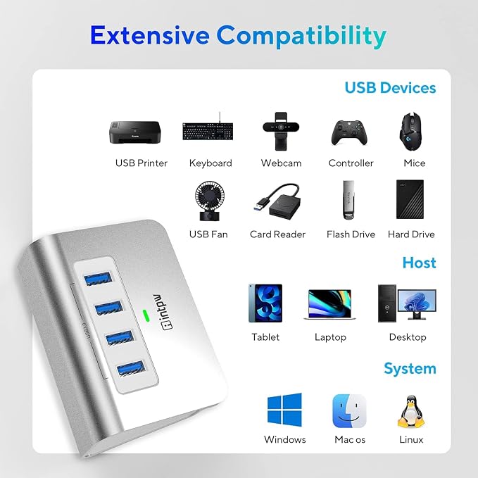 intpw USB 3.0 Hub,Aluminum 4 Port USB Data Hub 3.0 Port Extender Splitter Multiport Adapter with 3.3ft Cable ，USB HUB for PC/Laptop/Xbox/FlashDrive/Printer/Camera/Keyborad/Mouse