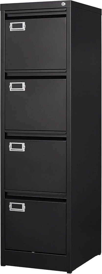 BYNSOE 4 Drawer File Cabinet with Lock Metal Vertical File Cabinet Office Home Vertical File Cabinet for A4 Legal/Letter Size Narrow File Cabinet Locked,Assembly Required (Black, 4 Drawers- Vertical)