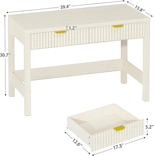 YOMILUVE Fluted Computer Desk with 2 Drawers, 39 Inch Small Computer Desk with Storage, Compact Writing Study Vanity Desk for Small Spaces, White