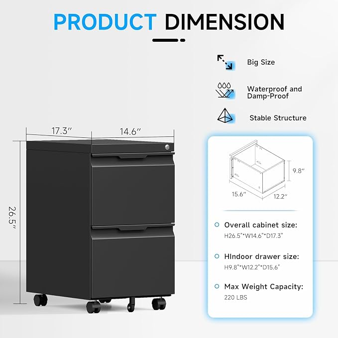 2 Drawer Mobile File Cabinet with Lock, Metal Filing Cabinet, Under Desk Rolling Small Filing Cabinet with Wheels for Home Office Storage, Fits Legal/A4/Letter/Document Size, Required Assembly, Black