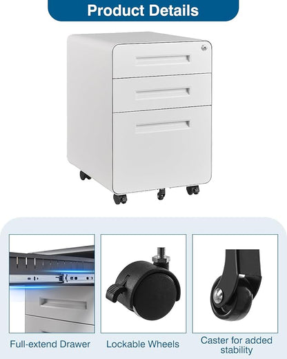 PEUKC 3 Drawer File Cabinet with Lock, Metal Under Desk Rolling Filing Cabinet fits Letter/Legal/A4 Size for Home Office,(Fully Assembled, White)