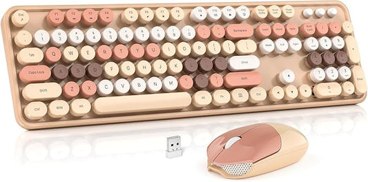 Wireless Keyboard and Mouse Combo, MOWUX Colorful Computer Full Size 2.4G Plug and Play Wireless Typewriter Keyboard and Mouse Set for Windows, Computer, Desktop, PC, Notebook (Milk Tea Colorful)