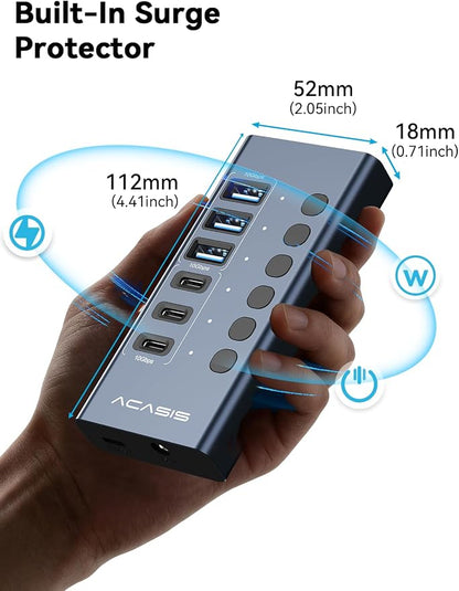 Powered USB 3.2 Hub, ACASIS 6 Ports USB 3.2 Hub(3 USB-A 3.2 Ports + 3 USB-C 3.2 Ports), Aluminum USB Hub Powered with 48W Power Adapter, USB Hub for PC/Laptop, Computer, Flash Drive, Printer, Camera