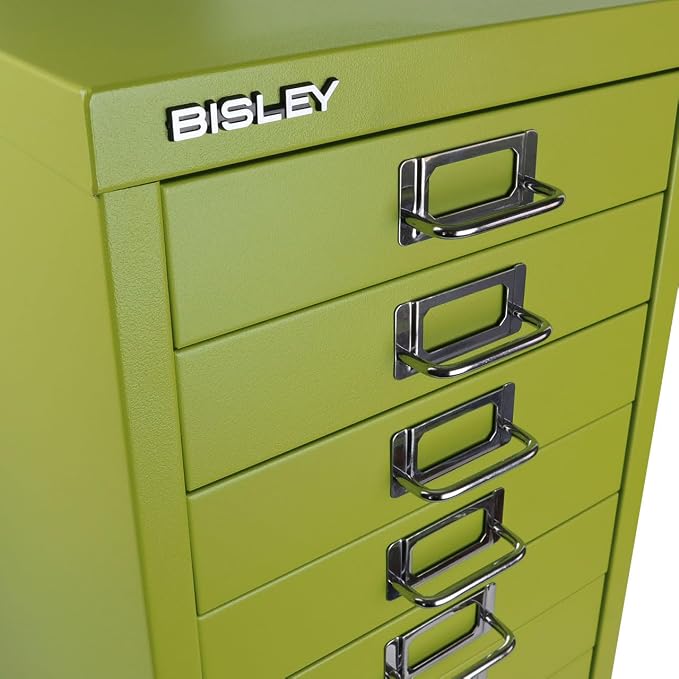 10-Drawer Steel MultiDrawer Cabinet - Green, by Bisley | Chrome Pull Handles with Label Holders, Powder-Coated Steel, Removable Drawers, Fits Under Most Desks, Labels Included