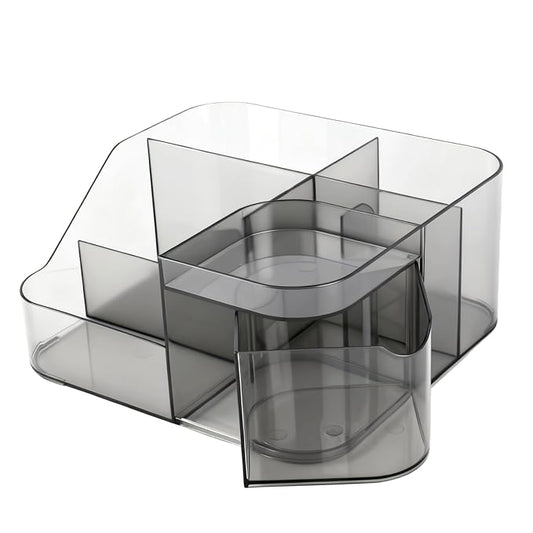 BQAN Transparent Acrylic Nail Desk Organizer with Spinning Drawer, Drill & Brush Holder, Desktop Manicure Tool Storage for Nail Techs, Makeup, Skin Care (Black) - Professional Salon or Home Use