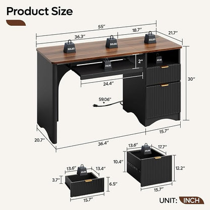 Bestier Computer Desk with Keyboard Tray, 55 inch Office Desk with Power Outlet, Modern Home Office Desk with File Drawer (Walnut with Black, 55" W with Single-Sided Drawers)
