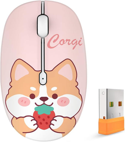 FMOUSE Cute Wireless Mouse, Bluetooth & 2.4GHz Dual Mode with USB Receiver, Silent Click, AA Battery Powered, for Kids Students Teen Girls, Compatible with Laptop Mac iPad PC (Strawberry Corgi)