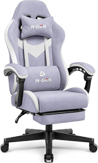 N-GEN GAMING Video Gaming Chair with Footrest Lumbar Support for Home Office High Back Recliner Height Adjustable Ergonomic Comfy Fabric Computer Desk Chair (Purple)