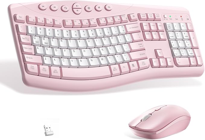 Wireless Keyboard and Mouse Combo,2.4G Full Size Ergonomic Curved Silent Keyboard with Fn Multimedia Keys for Office and Home, 3-DPI Quiet Mouse for Windows,Mac OS Desktop/Laptop/PC (Light Pink-B)