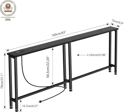 Keelian 63" Sofa Table Narrow Long - 2 Power Outlets & 4 USB Ports, Metal Frame,Behind Couch Table Behind Sofa for Living Room, Hallway, Entrance- Easy Assembly, 4.9' Extension Cord Included.