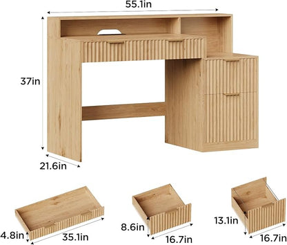 Vabches Fluted Computer Desk with Power Outlets, Home Office Desk with Drawers, Printer Stand, Wood Computer Desk with Long Monitor Stand, Oak