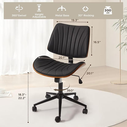 EROMMY Armless Office Desk Chair,Wooden Back Small Office Desk Chair No Arms Adjustable Height Modern Armless Chairs with Swivel Wheels for Small Spaces, Black