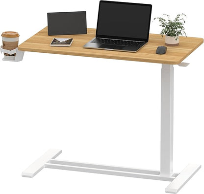 SANODESK Medical Adjustable Overbed Bedside Table with Hidden Casters, Pneumatic Mobile Laptop Computer Standing Desk Cart with Tray, Hospital and Home Use(31.5" W x 17.7" D, Maple)