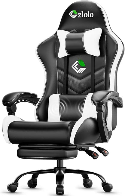 Czlolo Gaming Chair, Ergonomic Office Computer Chair with Footrest and Lumbar Support Massager Racing Style High Back Video Gamer Chair, Wide＆Thick Cushion, 90°-135° Recline, Adjustable Height, White