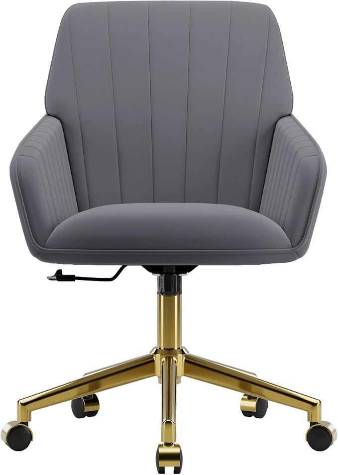 YISHENG Velvet Office Desk Chair with Gold Base, with Wheels,Modern Height Adjustable 360 Degree Swivel Upholstered Vanity Chairs with Arms for Living Room Bedroom，Gray