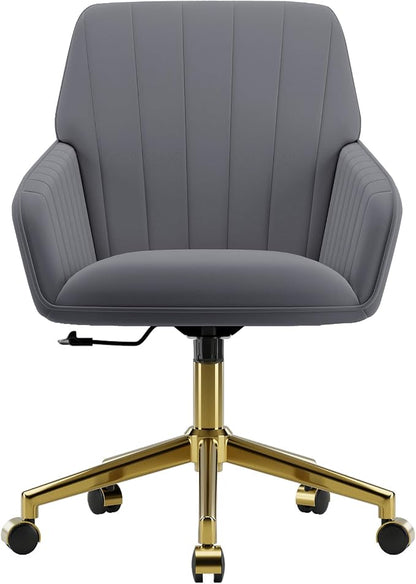YISHENG Velvet Office Desk Chair with Gold Base, with Wheels,Modern Height Adjustable 360 Degree Swivel Upholstered Vanity Chairs with Arms for Living Room Bedroom，Gray