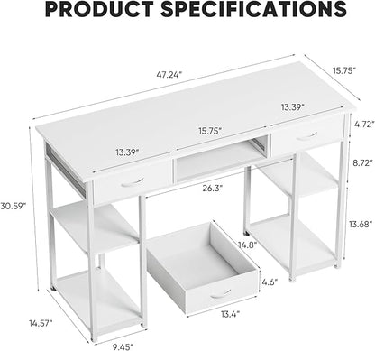 DUMOS 48" Small Computer Home Office Desk for Bedroom with Drawers, Gaming Writing Study Table with Storage Shelf, Adjustable Feet, Compact Desk for Gaming and Home Office Use, Metal Frame White