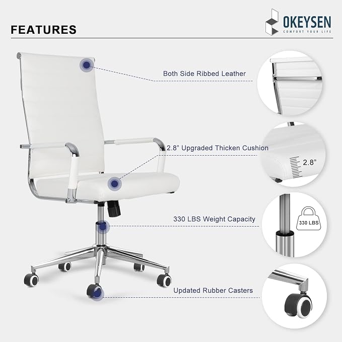 Okeysen Ergonomic Office Desk Chair, Modern PU Leather Conference Room Chairs Ribbed, High Back Executive Swivel Rolling Chair for Home, Office