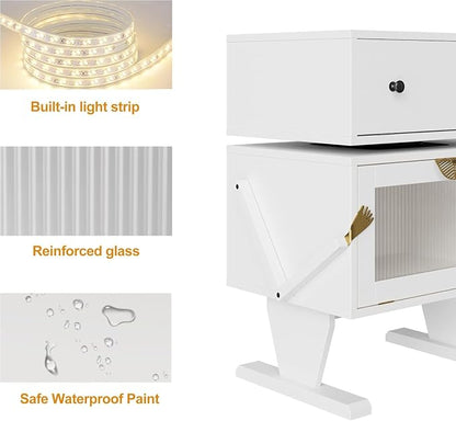 RoyalCraft Large Nightstand Set of 2 with LED Lights, White End Table with 360°Rotating Drawer, Modern Bedside Table with Storage, Wood Night Stand for Bedroom, Home Office, White