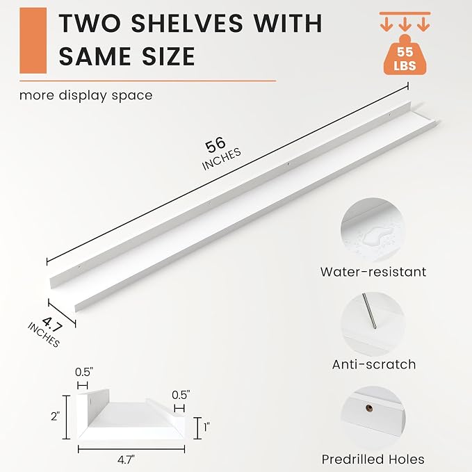 FLYJOE Picture Ledge Shelf, Floating Shelves Set of 2, 56 Inches Long Large Nursery Book Shelves for Toys Storage, Kids Bookshelf Wall Mounted for Living Room Bedroom Decor Books Photo Frames, White