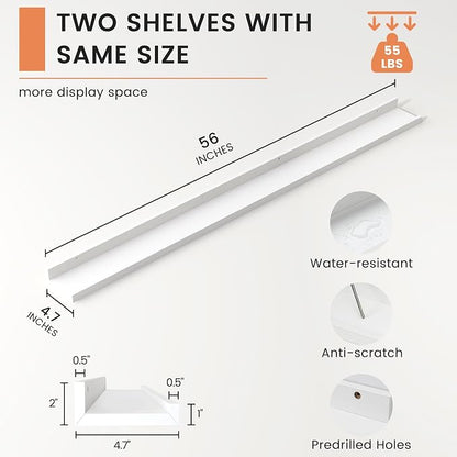 FLYJOE Picture Ledge Shelf, Floating Shelves Set of 2, 56 Inches Long Large Nursery Book Shelves for Toys Storage, Kids Bookshelf Wall Mounted for Living Room Bedroom Decor Books Photo Frames, White