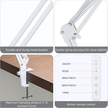 Upgrade Swing Arm LED Desk Lamp with Clamp, 80 LED Beads, 5 Color Modes & 11 Brightness Levels, 360° Adjustable Arm, Eye-Caring Light CRI95, Timer & Memory Function, for Office, Study, Crafting