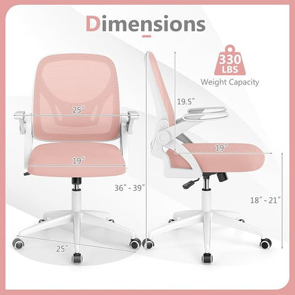 Giantex Mesh Office Chair, Ergonomic Desk Chair with Flip-up Arms & Lumbar Support, Height Adjustable Swivel Computer Desk with High Back for Home Office (Pink)