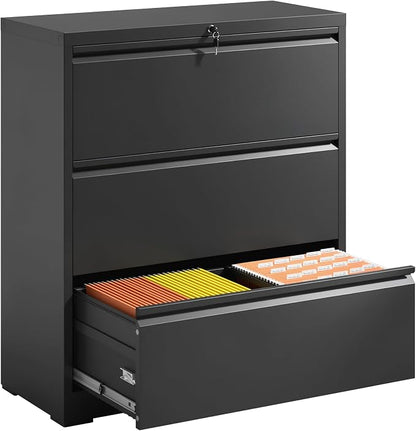 File Cabinets 3 Drawer,Metal Office Storage Filing Cabinet with Lock,Black Lateral Filing Cabinet for Home Office,Horizontal Locking File Cabinets for Legal/Letter/A4 Files,Assembly Required