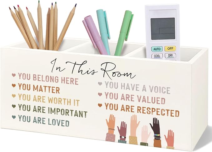 Inspirational Diversity Inclusive Wooden Pen Pencil Holder for Desk, Motivational Positive Affirmation Wood Makeup Brush Toothbrush Holder Organizer for Kids Room Playroom Classroom