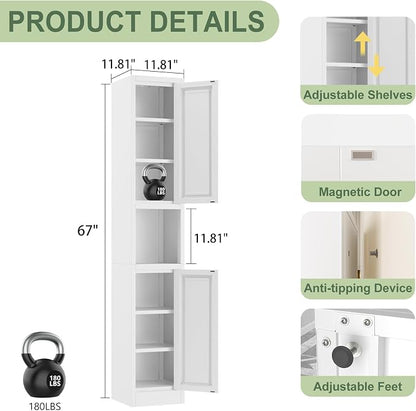 pozdeg 67" Tall Narrow Storage Cabinet Metal Bathroom Cabinet with 2 Doors & 4 Adjustable Shelves, Standing Pantry Cabinets Cupboard for Kitchen, Dining Room, Living Room and Bathroom (White)