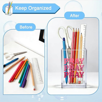 Pray On It Pray Over It Acrylic Organizer Pencil Pen Holder, Christian Desk Organizer Gifts for Women Friend Coworker, Religious Inspirational Office Desk Decor, Pink Faith Pencil Holder