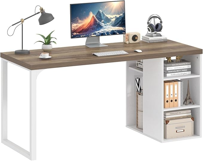 EXCEFUR Modern Computer Desk for Home Office, PC Gaming Desk with Reversible Storage Shelves, Study Writing Table Workstations for Living Room, 53 Inch, Rustic Oak and White