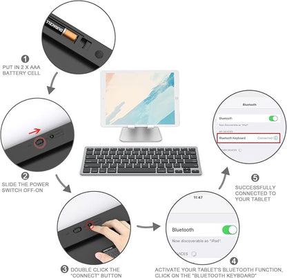OMOTON Ultra-Slim Bluetooth Keyboard for iPad 11th/10th/9th/8th/7th, iPad Pro/Air/Mini and iPhone Series, Wireless iOS Keyboard with 12 Multimedia Keys for Office, Home, Travel, School, Black Grey