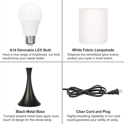 Seaside village 3 Way Touch Control Table Lamp, Modern Bedside Lamp for Bedroom, Dimmable Black Nightstand Lamp White Shade Desk Reading Light for Living Room Office Dorm, 3000K LED Bulb Included