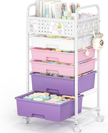 5 Drawer Rolling Storage Cart with Pegboard Top and Hooks, Mobile Organizer Cart with Wheels for Office Supplies, Craft Storage, Classroom Organization, Home Utility Cart, Dreamy Color