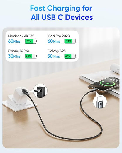 USB C Cable Right Angle, [2Pack 6.6FT] 60W Fast Charging USB C Cable Braided USB Type C Data Cable, 90 Degree C Port Charger Cord for iPhone 17/16/15 Pro Max, Tesla Model Y, MacBook, iPad, Samsung