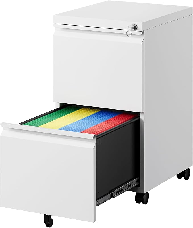 PEUKC 2 Drawers Mobile File Cabinet with Lock, Under Desk Rolling File Cabinet for Home Office, Organizes Letter Legal A4 Files, White(Pre-Assembled)