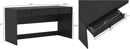 Manhattan Comfort Novara Modern 60" Writing Desk with 2 Smooth-Glide Drawers with Fluted Fronts, Office Desk with Large Work Surface, Stylish Rounded Edges, Black