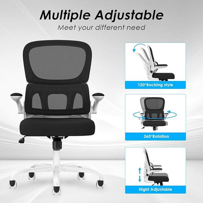 Soohow Office Chair, Mesh Ergonomic Office Chair with Lumbar Support, Comfy Swivel Computer Desk Chair with Flip Armrest Rolling Wheels for Home Study Room Office, White & Black