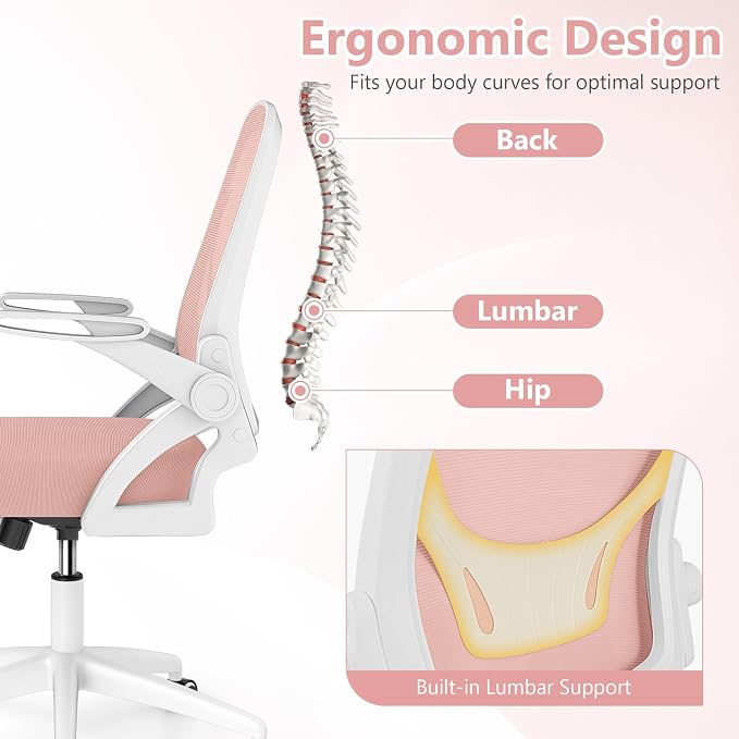 Giantex Mesh Office Chair, Ergonomic Desk Chair with Flip-up Arms & Lumbar Support, Height Adjustable Swivel Computer Desk with High Back for Home Office (Pink)